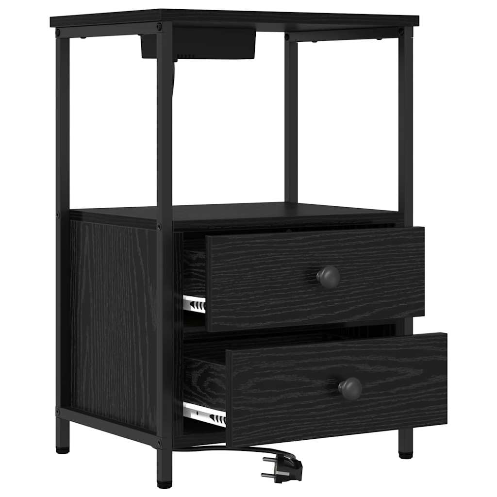 Nightstand with Charging Station with Drawer Black Oak