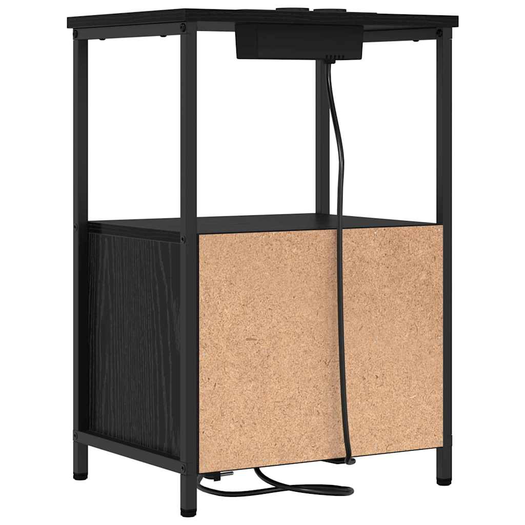 Nightstand with Charging Station with Drawer Black Oak