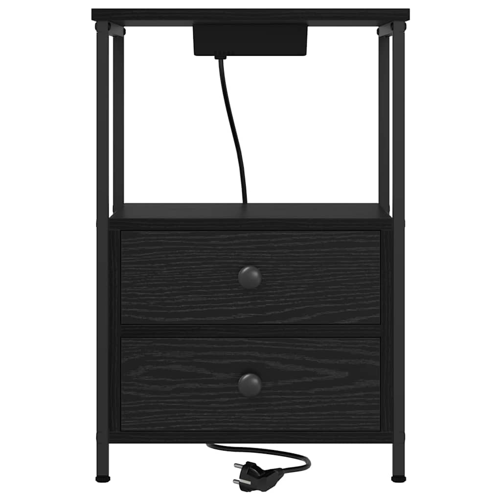 Nightstand with Charging Station with Drawer Black Oak