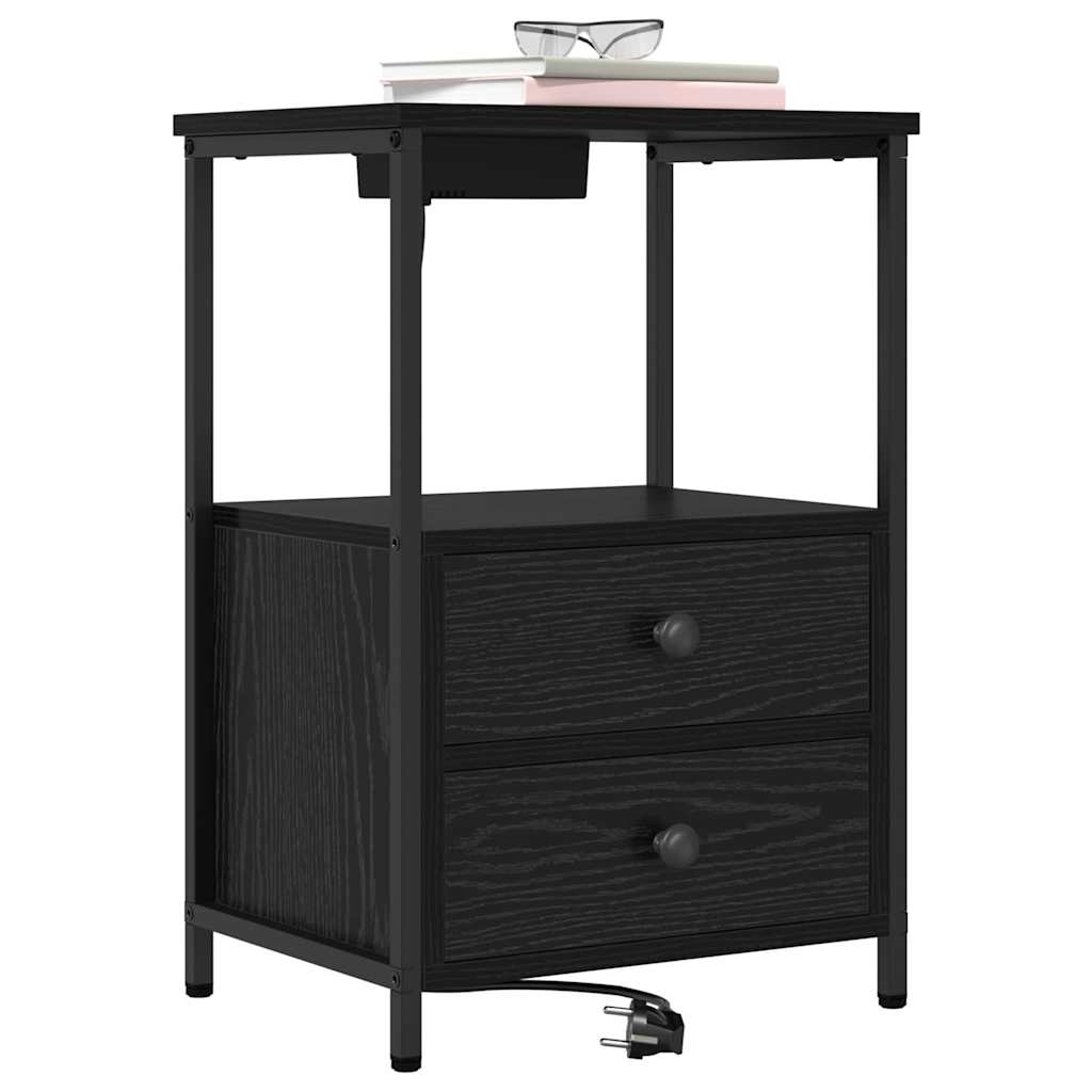 Nightstand with Charging Station with Drawer Black Oak