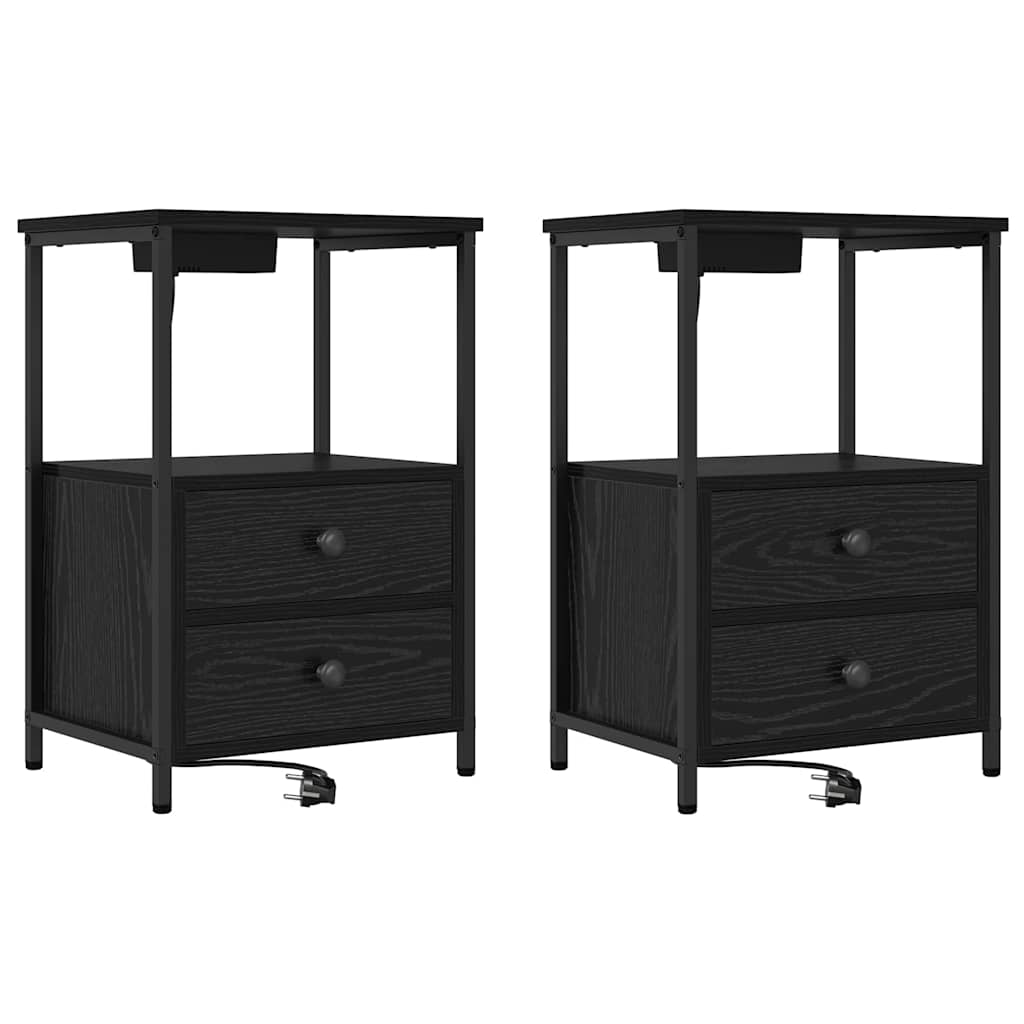 Naktinis staliukas su įkrovimo stotimi 2 pcs juoda ąžuolo