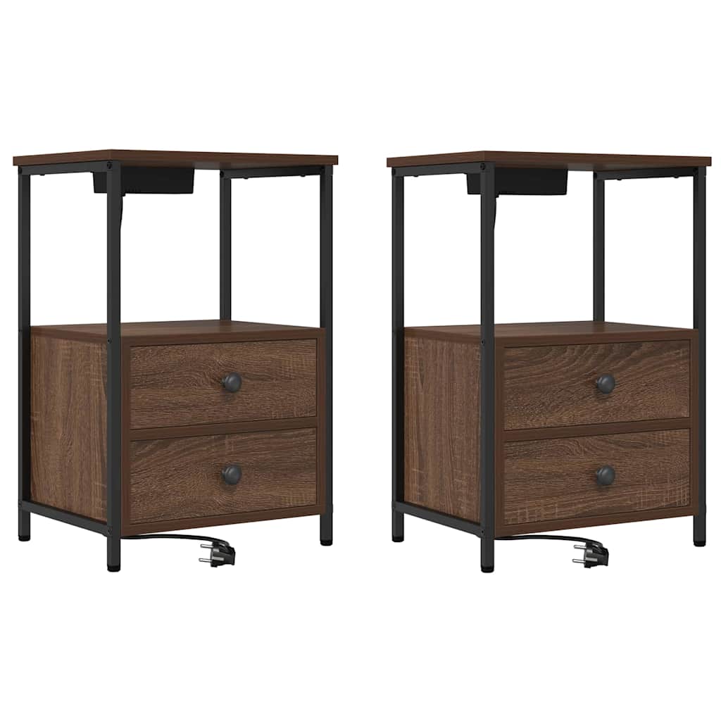 Naktinis staliukas su įkrovimo stotimi 2 pcs ruda ąžuolo