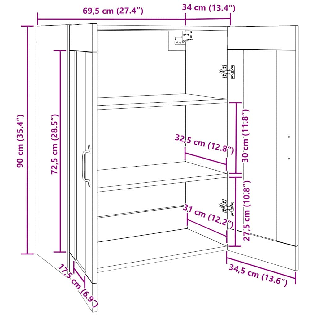 Kabantis sieninis kabinetas Juoda 69.5 x 34 x 90 cm