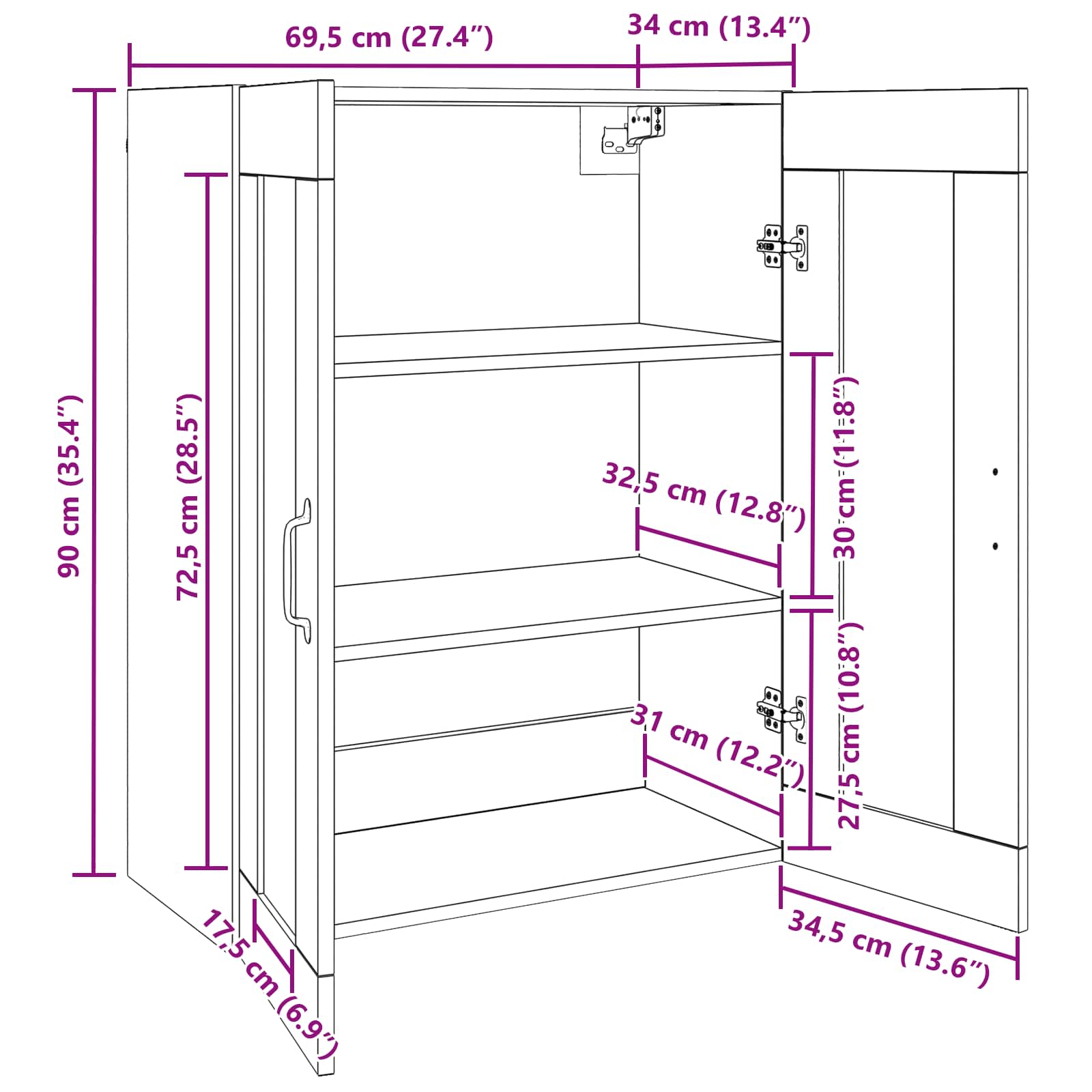Kabantis sieninis kabinetas Juoda 69.5 x 34 x 90 cm
