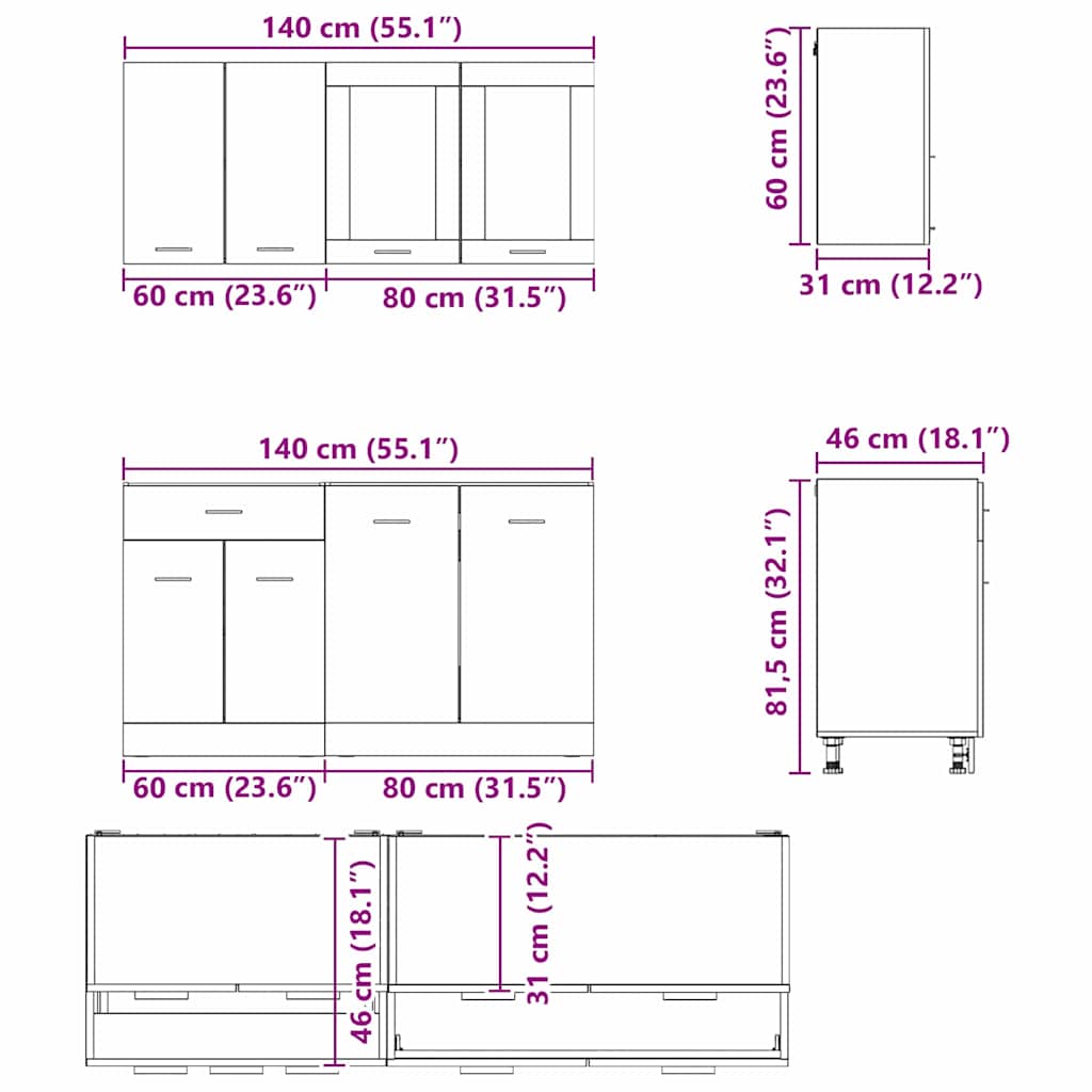 Virtuvės spintelių komplektas Lyon 4 pcs Pilka sonoma ąžuolo