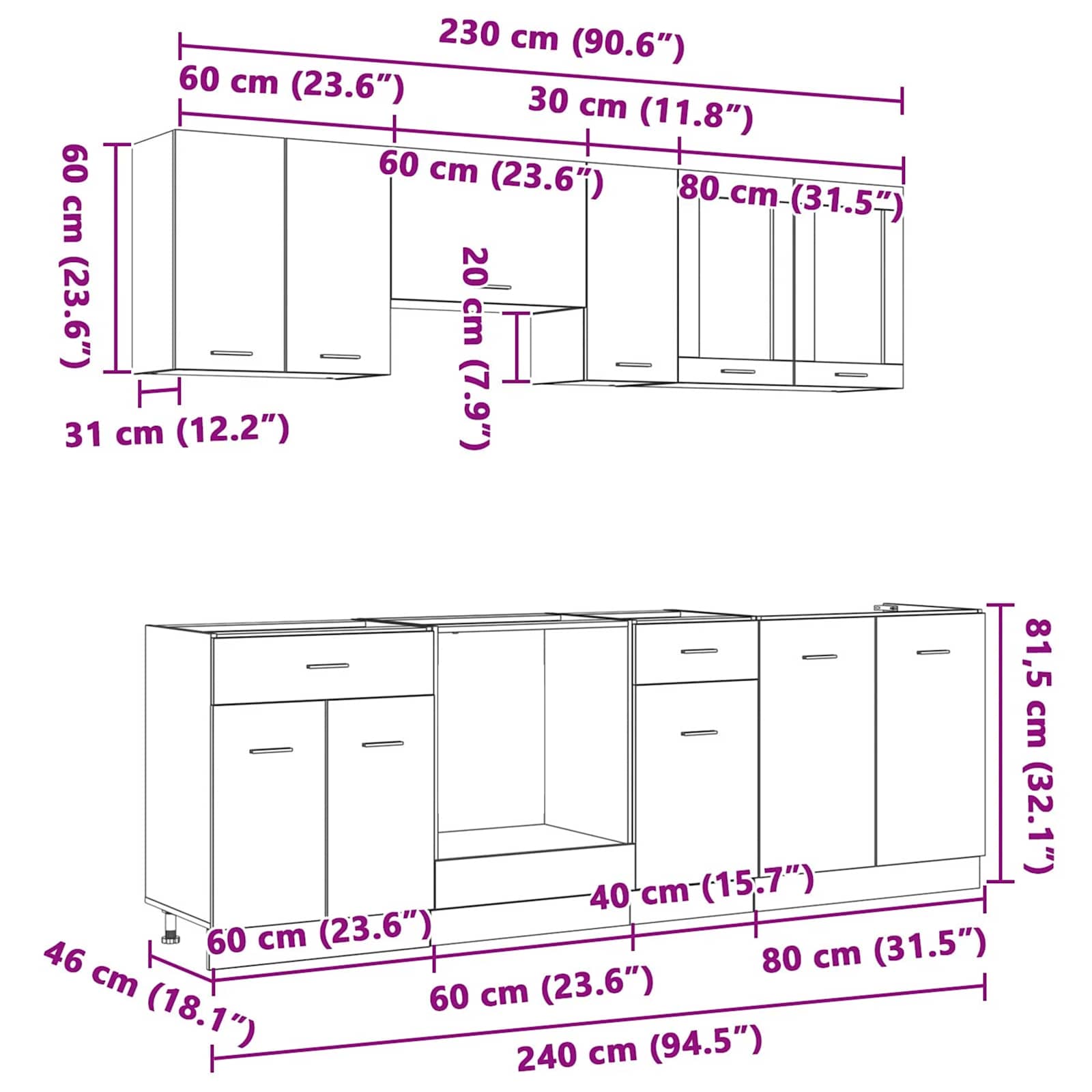 Virtuvės spintelių komplektas Lyon 8 pcs Dūminio ąžuolo