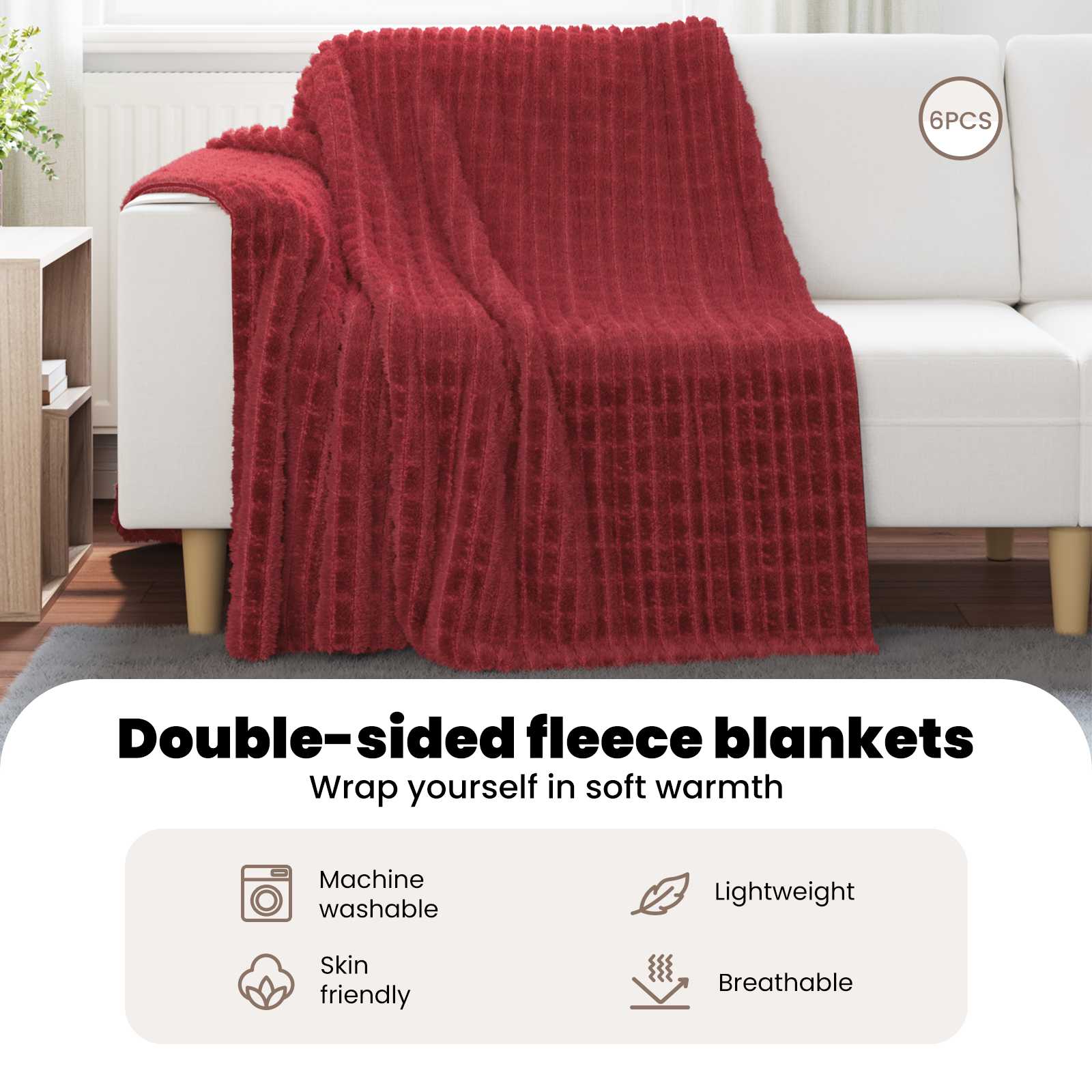 Pleds 6 gab. Bordo sarkans 200 x 150 cm Flīss