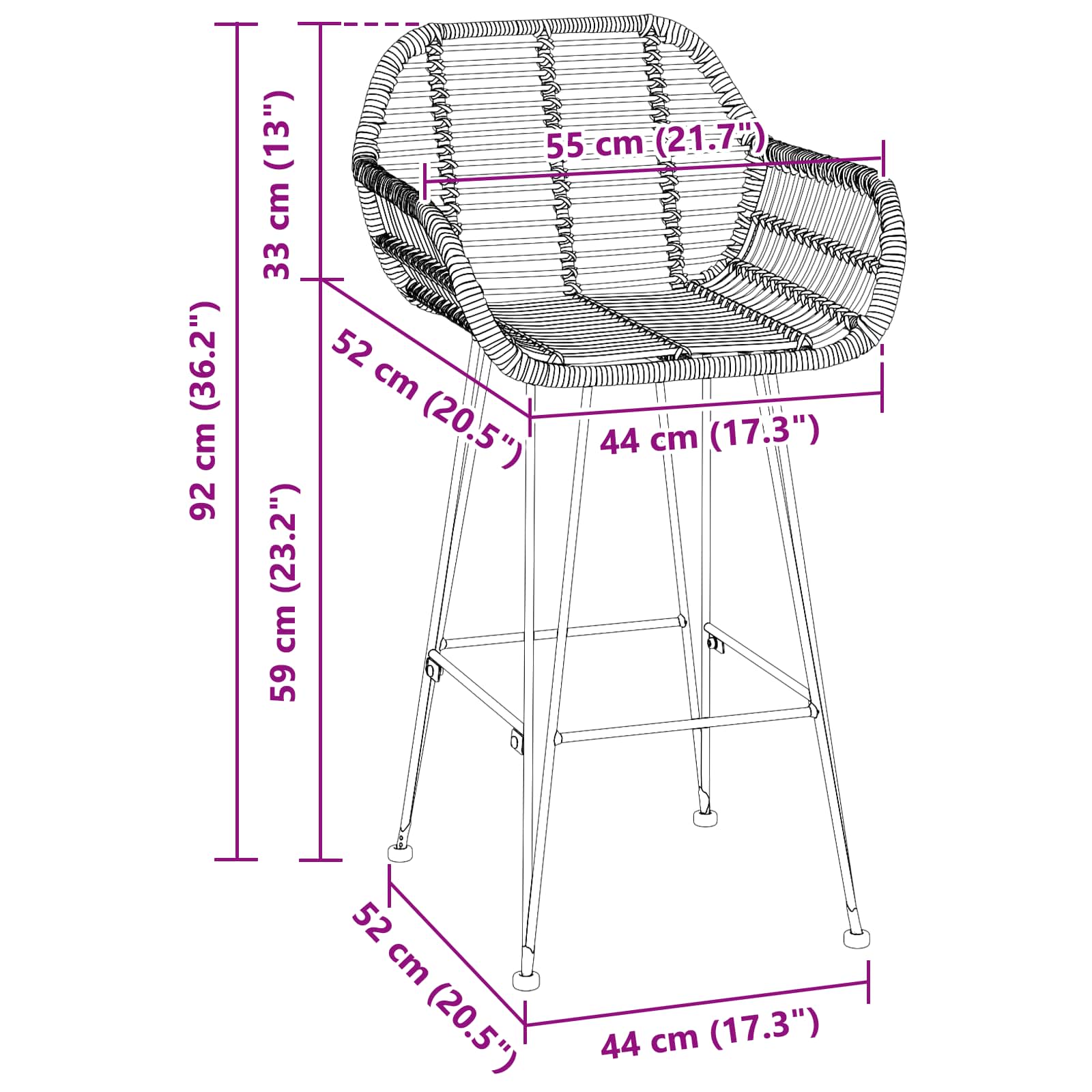 Baro Kėdė 2 pcs Natūrali 55 x 52 x 92 cm Ratanas ir Geležis