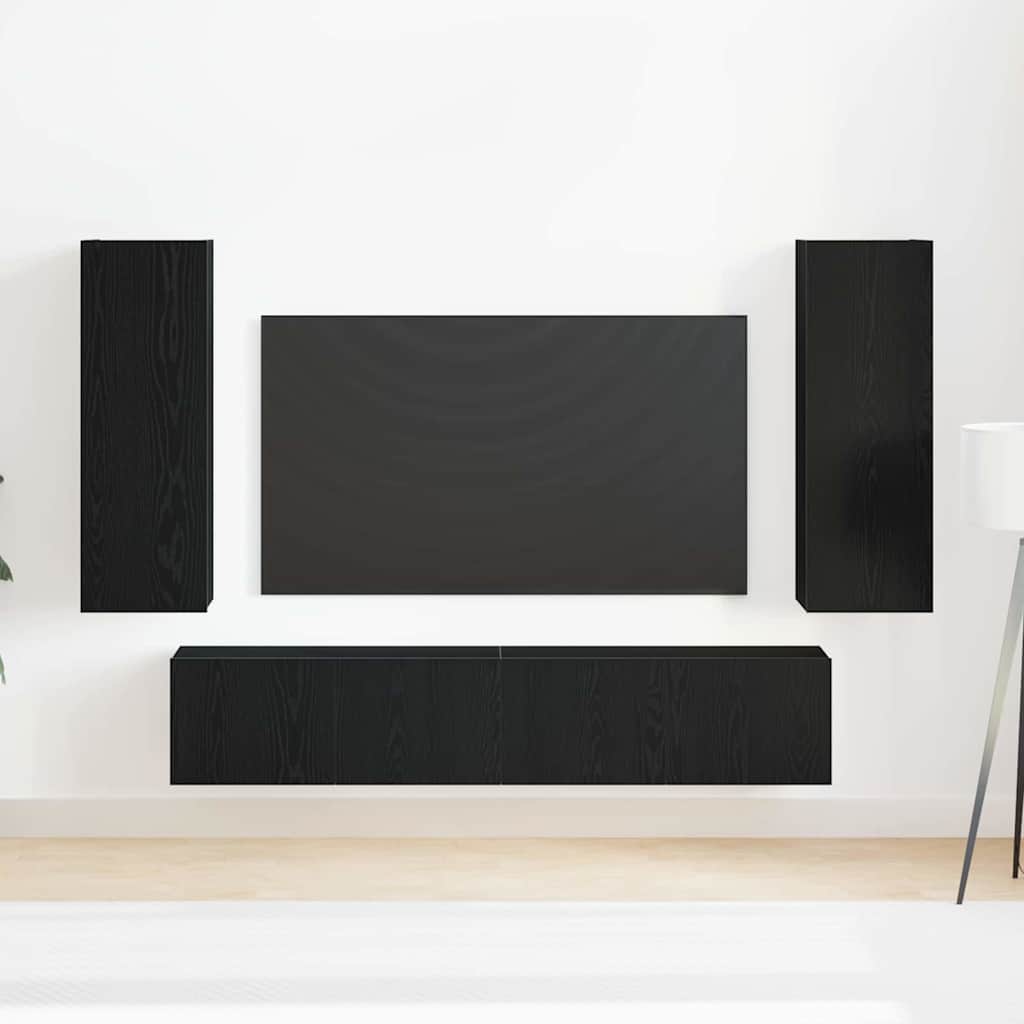 4 dalių TV spintelė - Sieninė juodo ąžuolo inžinerinė mediena