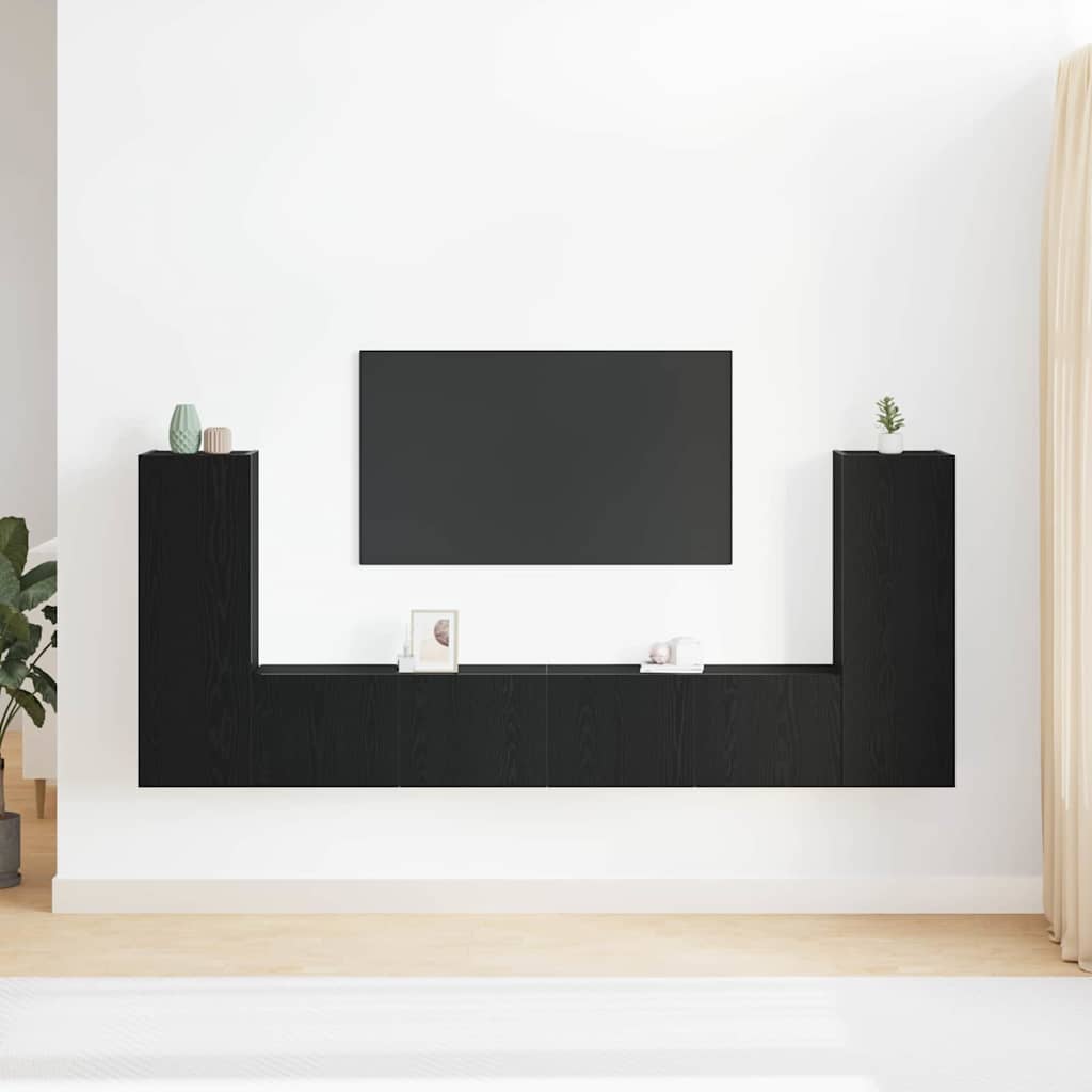 4 dalių TV spintelės komplektas - sieninis, juodasis ąžuolas, inžinerinė mediena