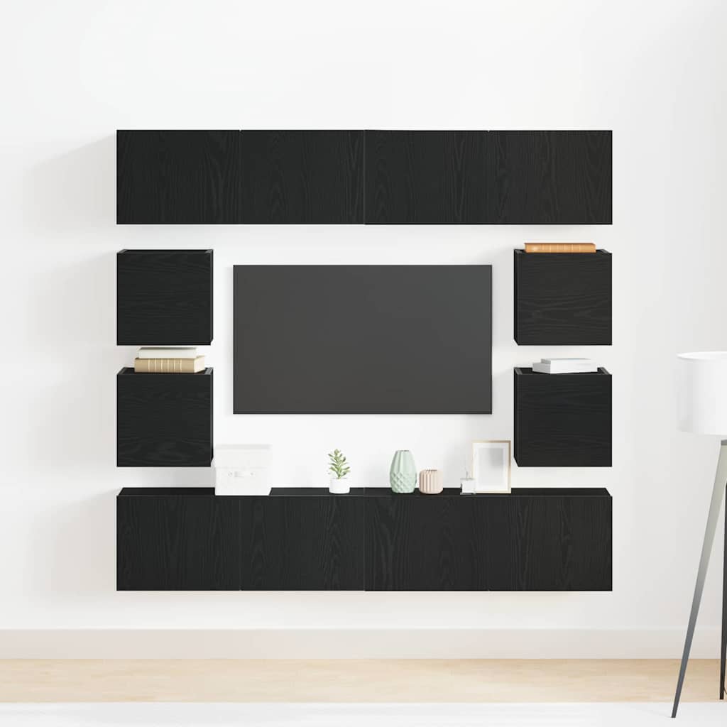 6 dalių TV spintelės komplektas, montuojamas ant sienos, juoda ąžuolo inžinerinė mediena