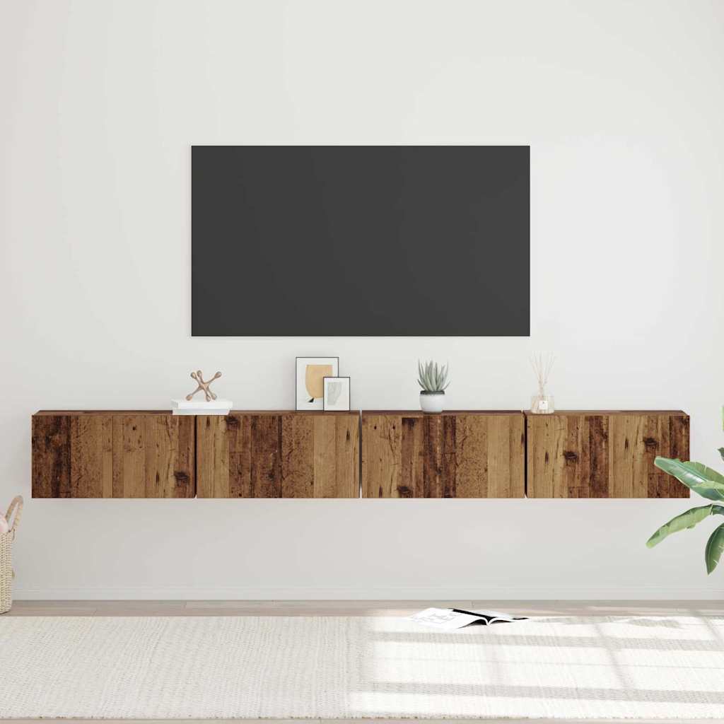 4 dalių TV spintelių komplektas - Sieninis, su rustikiniu medžiu ir inžineriniu medžiu.