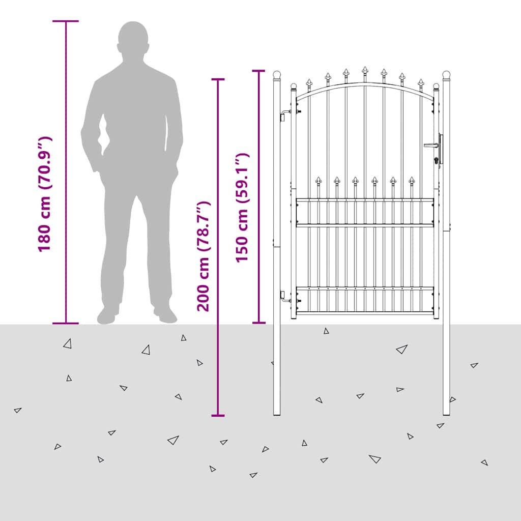 Fence gate with pointed tops with lock Grey 200 x 100 cm