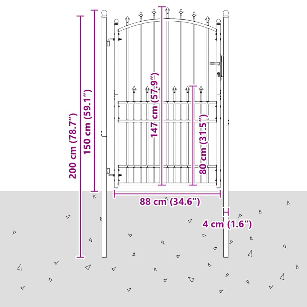Fence gate with pointed tops with lock Grey 200 x 100 cm