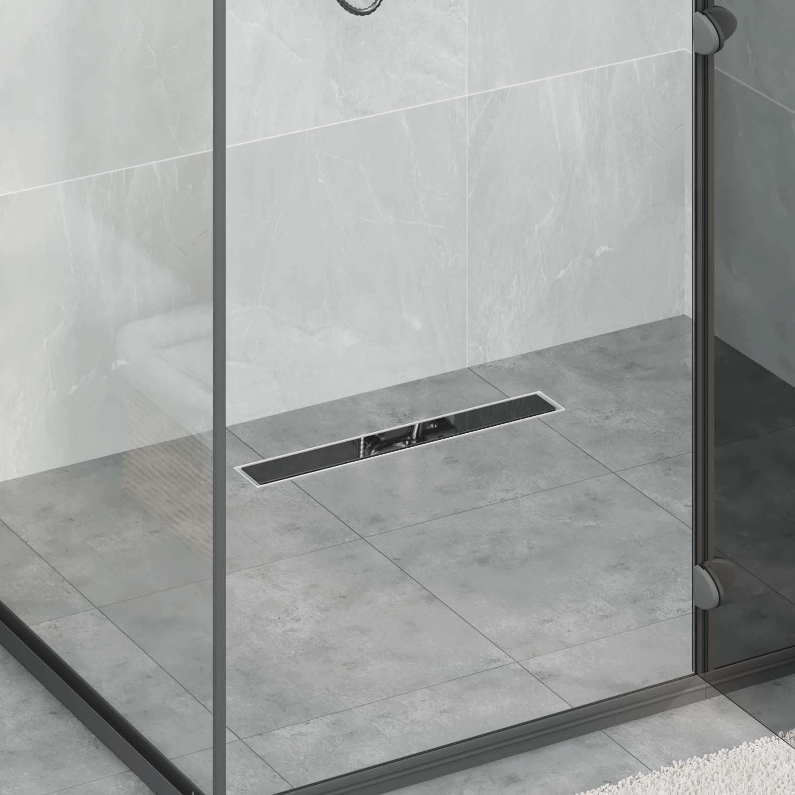 Black shower drain with glass cover 60 cm