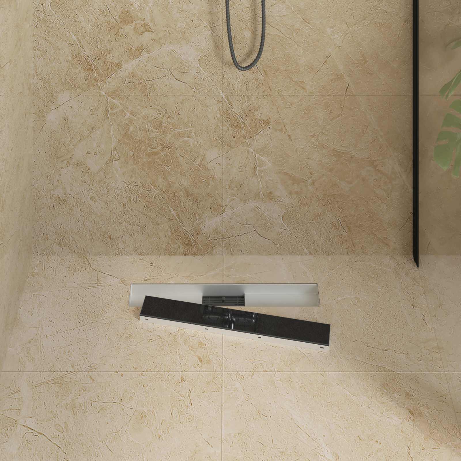 Black shower drain with glass cover 60 cm
