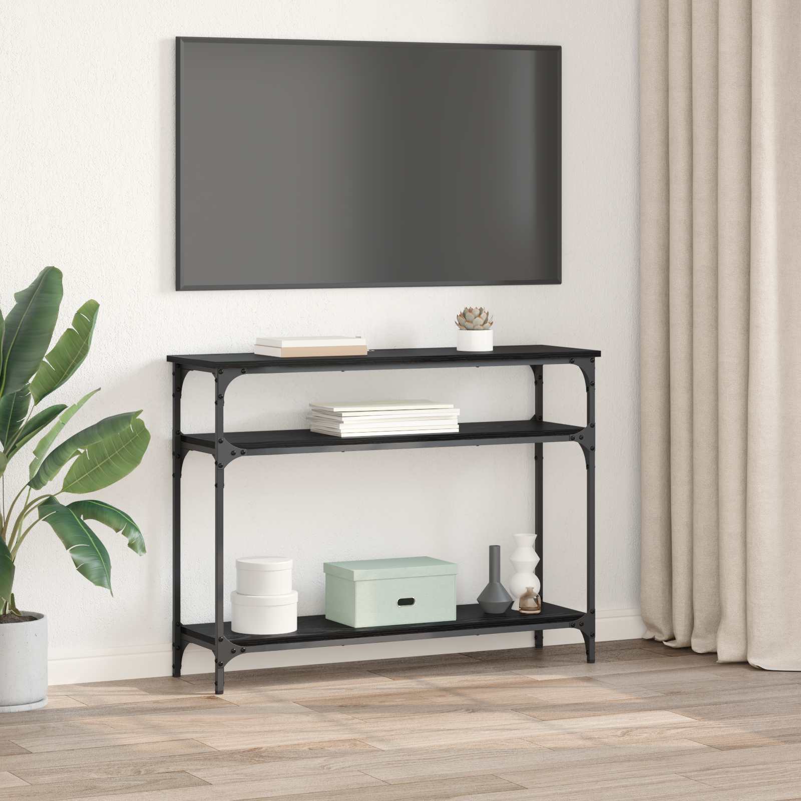Konsoles galds ar plauktu melns ozols 100 x 29 x 75 cm