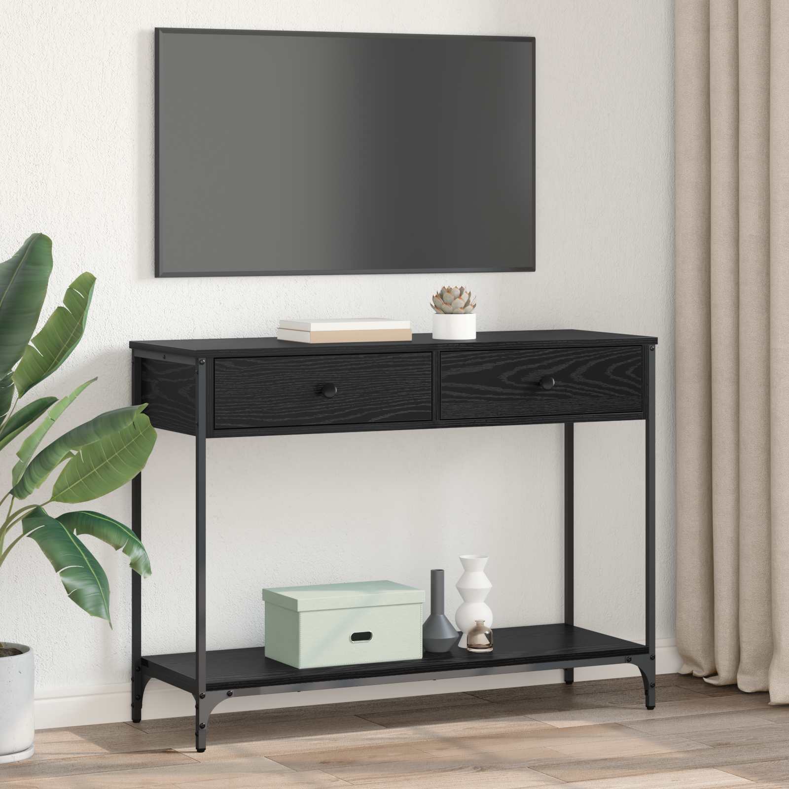 Konsoles galds ar atvilktni, melns ozols, 100 x 34,5 x 75 cm