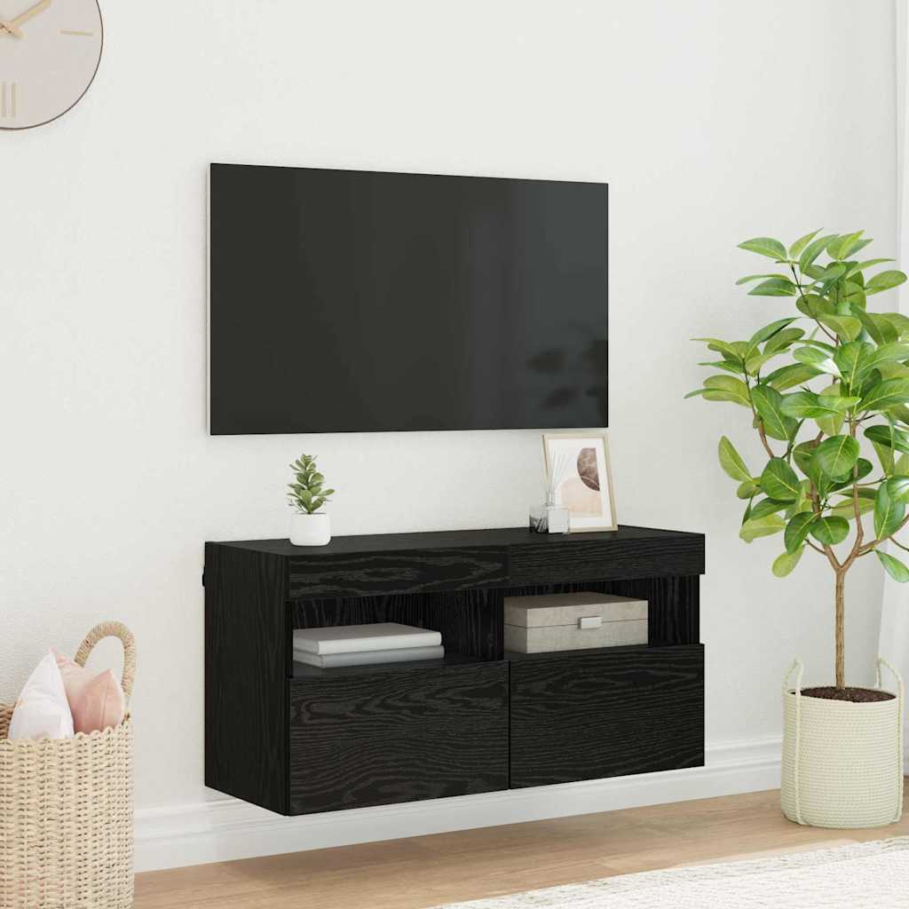 TV sieninė spintelė su LED Juodas ąžuolas 80 x 30 x 40 cm