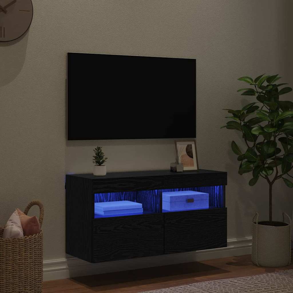 TV sieninė spintelė su LED Juodas ąžuolas 80 x 30 x 40 cm