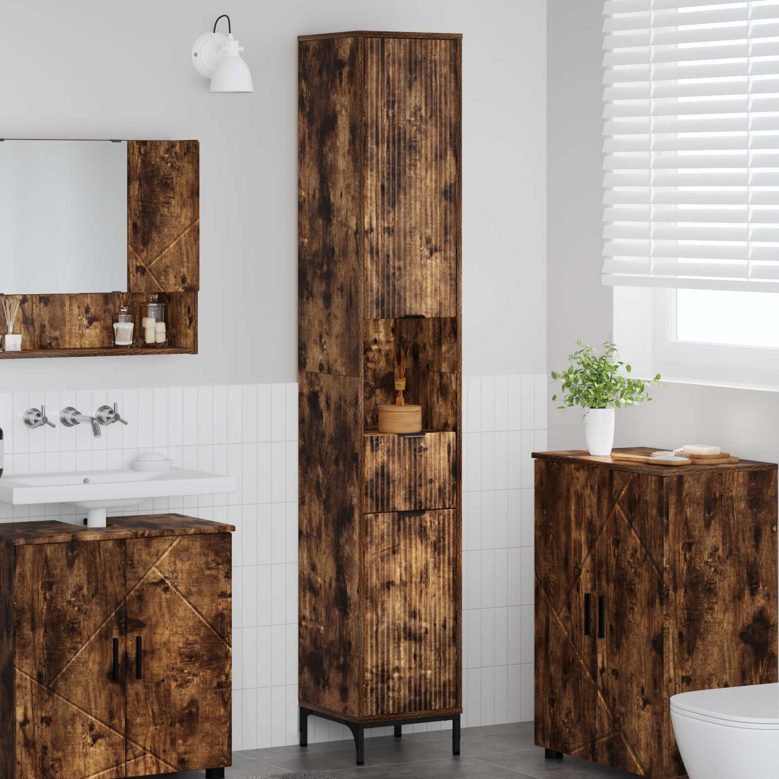 High bathroom cabinet Smoked oak 31.5 x 33 x 190 cm
