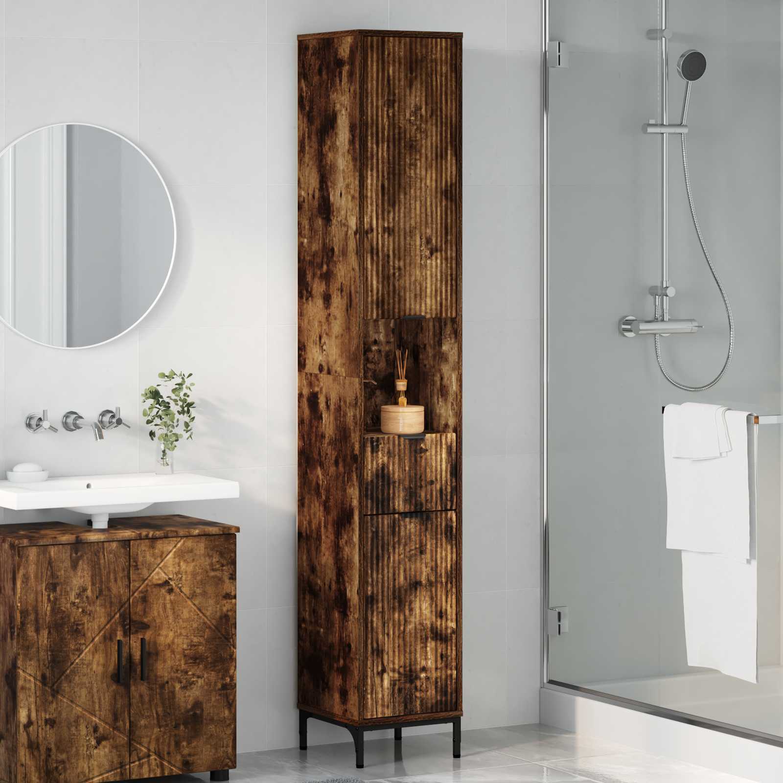 High bathroom cabinet Smoked oak 31.5 x 33 x 190 cm