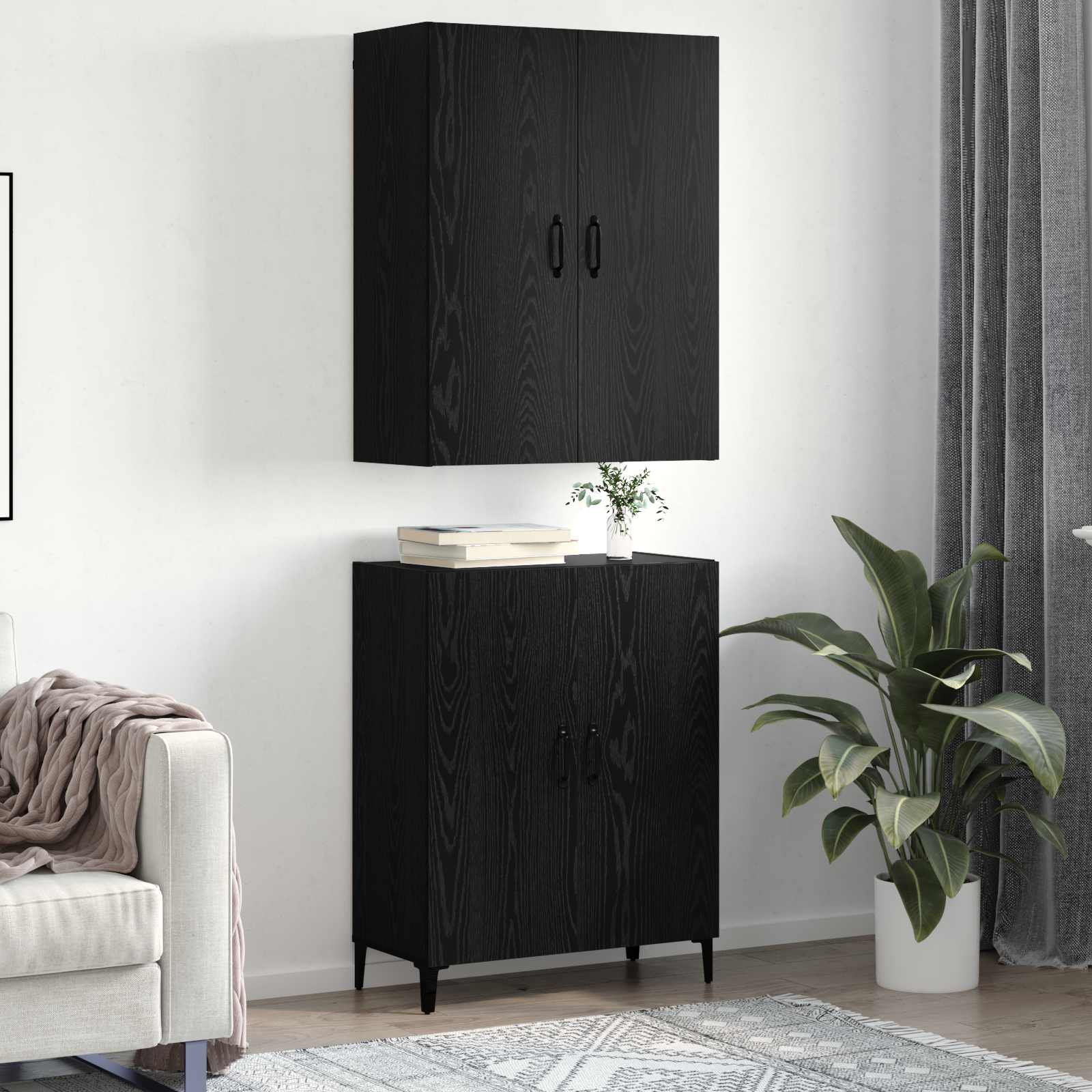 Aukštas spintelė 2 pcs Juodas ąžuolas Apdirbta mediena
