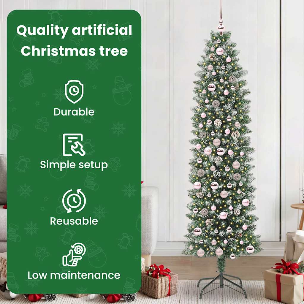 Mākslīgā šaurā Ziemassvētku egle ar 300 LED zaļā un baltā krāsā 210 cm