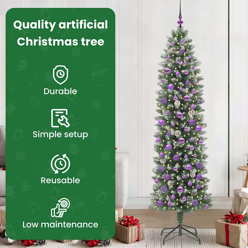 Mākslīgā šaurā Ziemassvētku egle ar 300 LED zaļā un baltā krāsā 210 cm