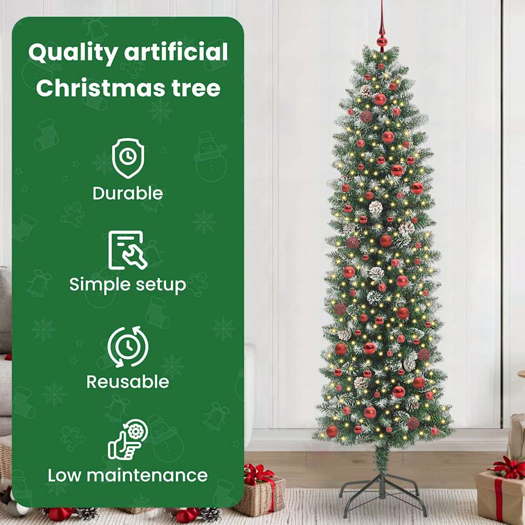 Mākslīgā šaurā Ziemassvētku egle ar 300 LED zaļa un balta 240 cm
