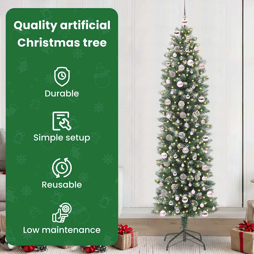 Mākslīgā šaurā Ziemassvētku egle ar 300 LED zaļa un balta 240 cm