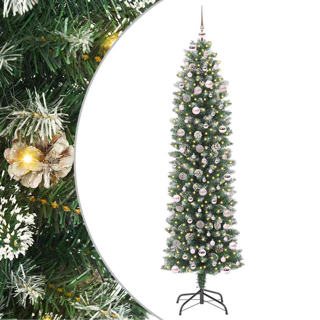 Mākslīgā šaurā Ziemassvētku egle ar 300 LED zaļa un balta 240 cm