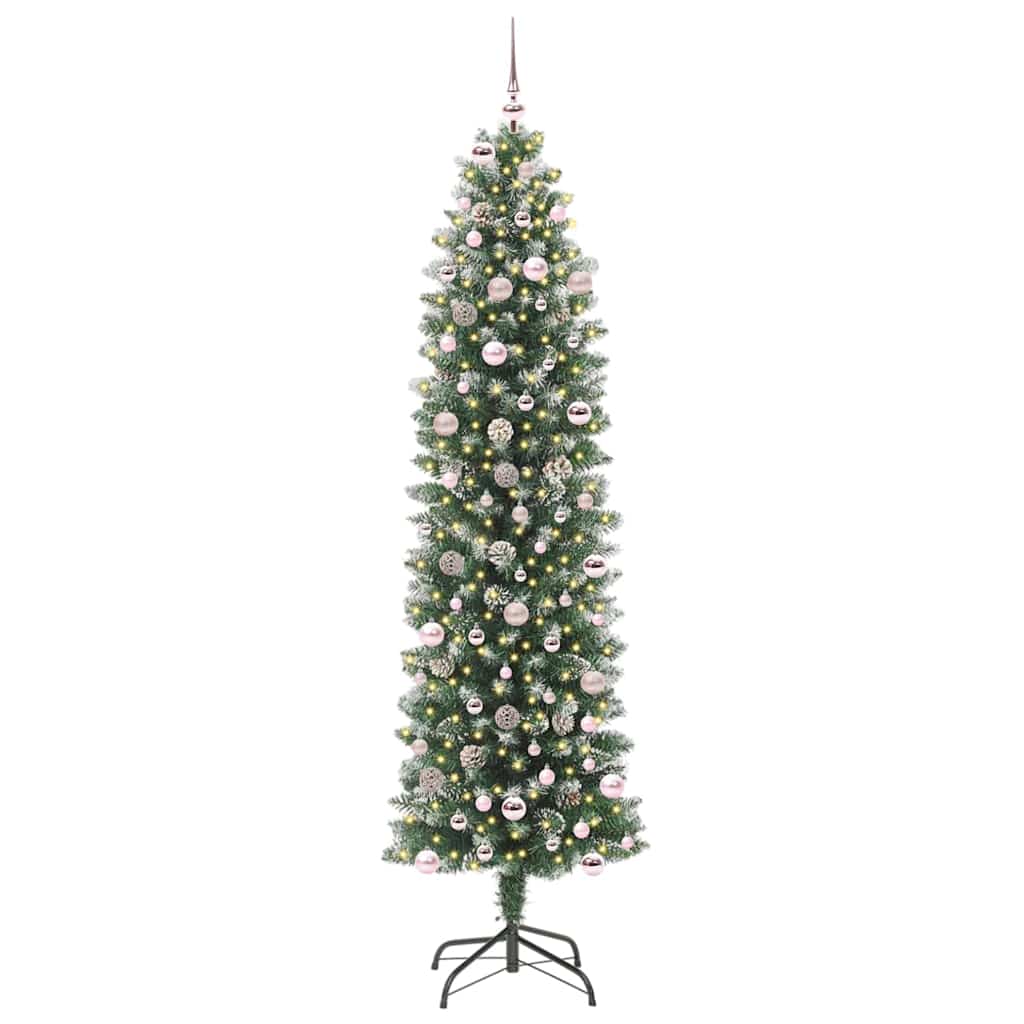 Mākslīgā šaurā Ziemassvētku egle ar 300 LED zaļa un balta 240 cm
