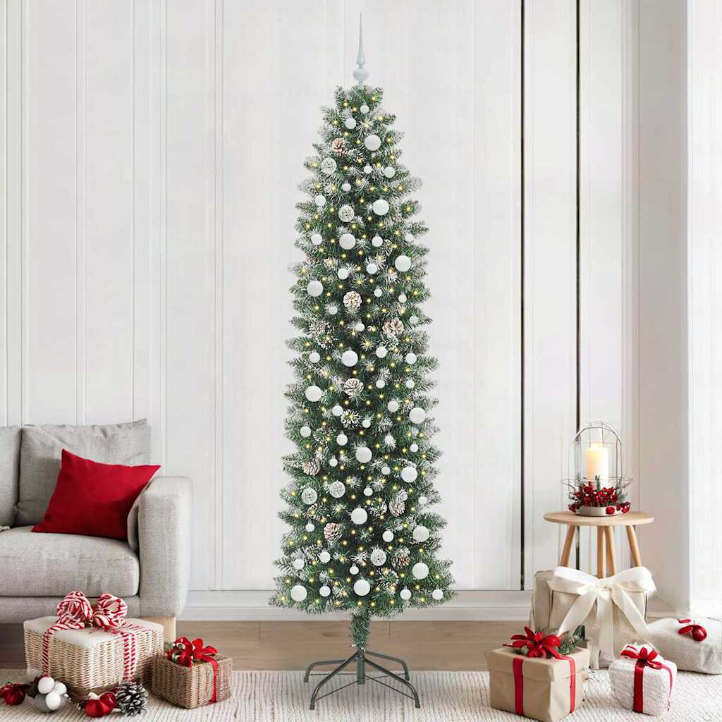 Mākslīgā šaurā Ziemassvētku egle ar 300 LED zaļa un balta 240 cm