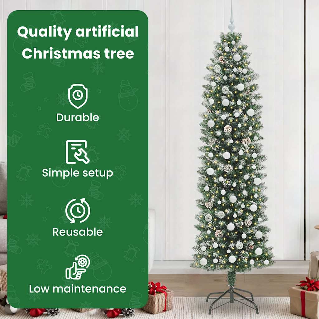 Mākslīgā šaurā Ziemassvētku egle ar 300 LED zaļa un balta 240 cm