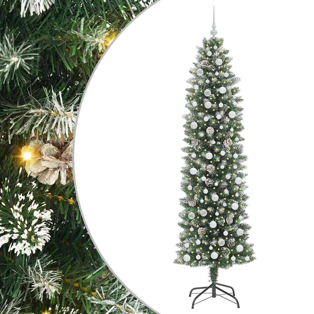 Mākslīgā šaurā Ziemassvētku egle ar 300 LED zaļa un balta 240 cm
