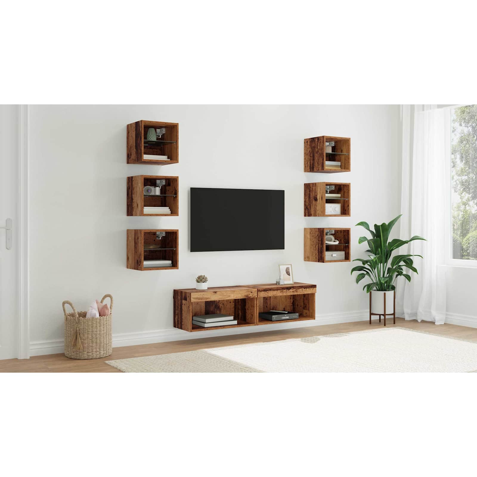 TV cabinet with 8 drawers Antique wood Glass