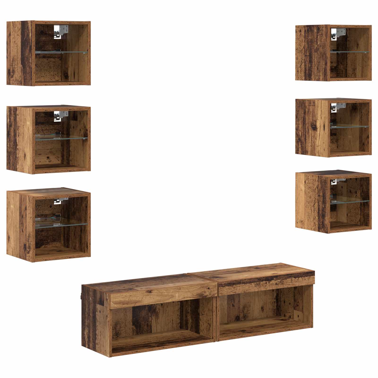 TV cabinet with 8 drawers Antique wood Glass