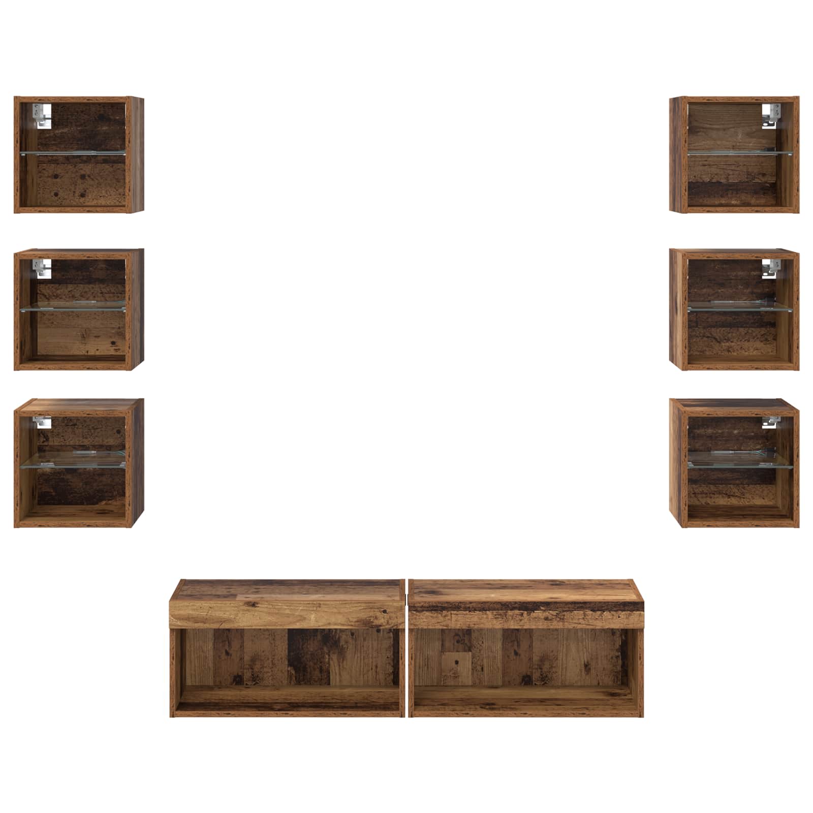 TV cabinet with 8 drawers Antique wood Glass