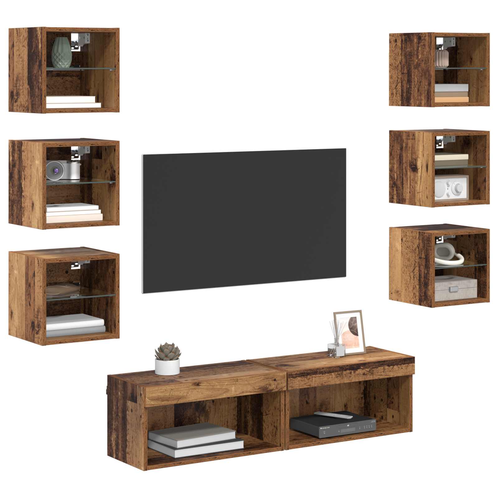 TV cabinet with 8 drawers Antique wood Glass