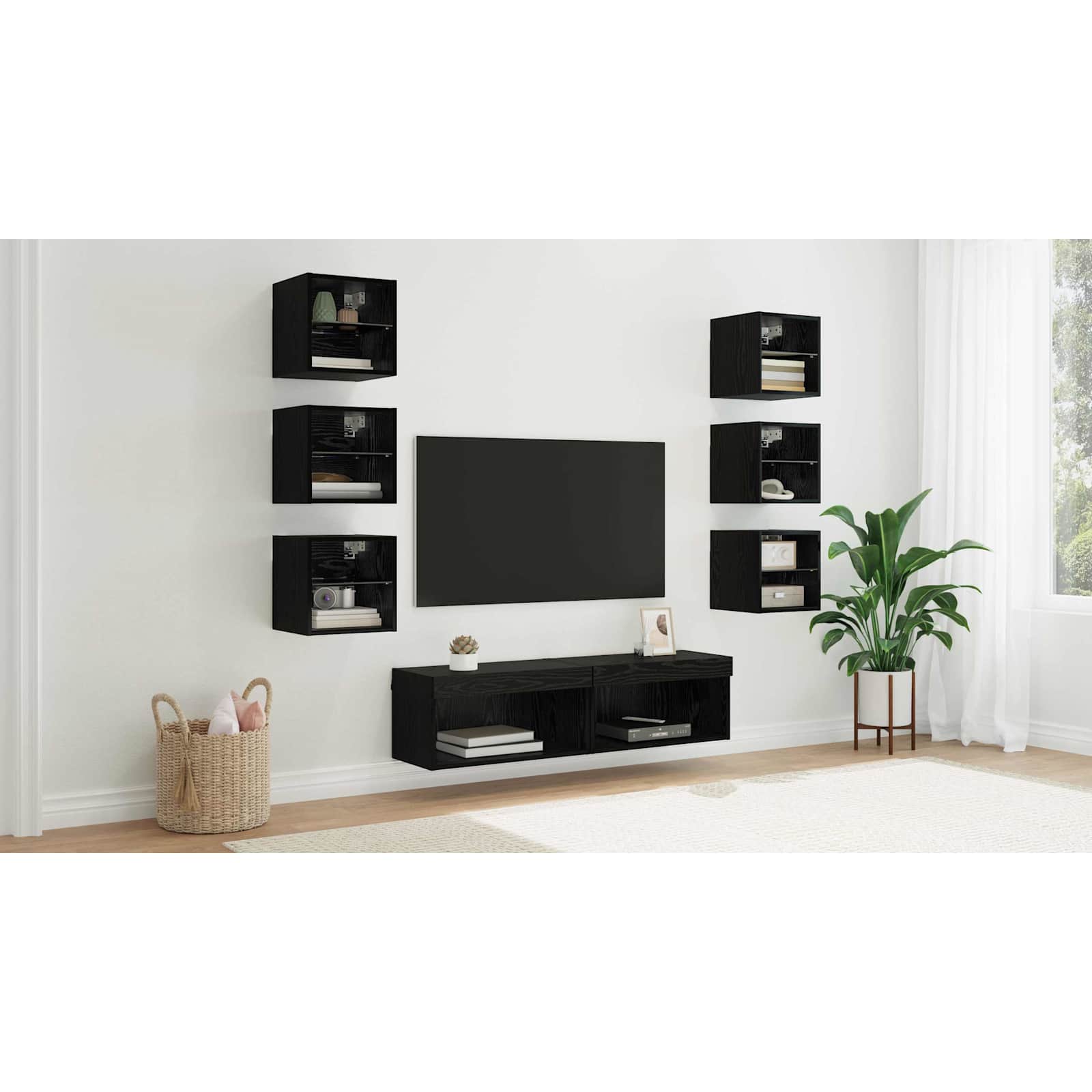 TV Cabinet with Drawers 8 pcs Black Oak Glass
