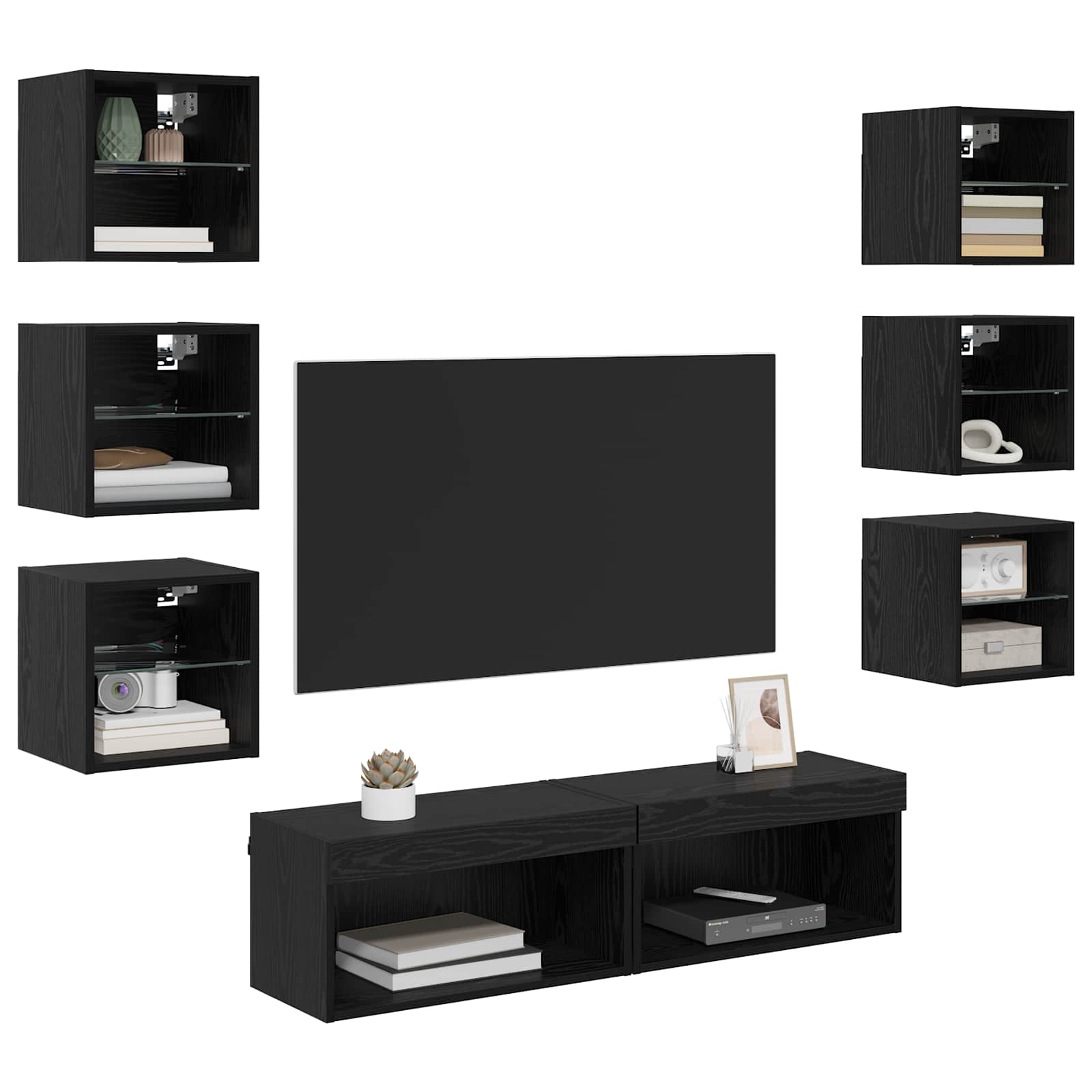 TV Cabinet with Drawers 8 pcs Black Oak Glass