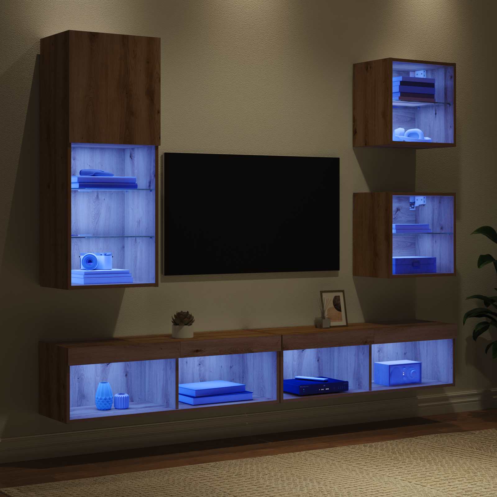 Televizorių sieniniai baldai su LED 5 pcs Amatininkų ąžuolas