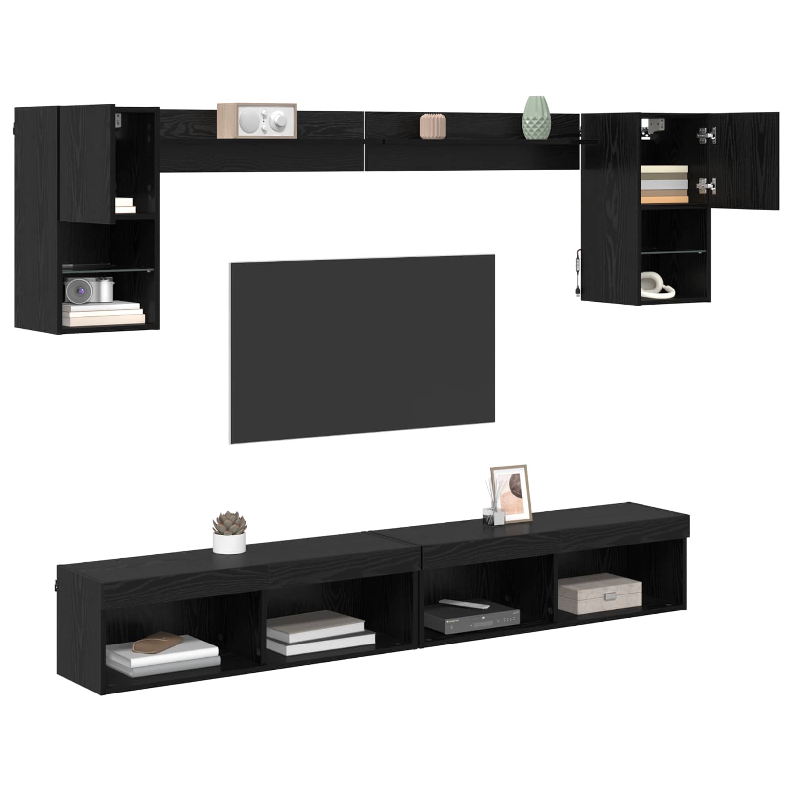 LED sienas TV mēbeļu komplekts ar LED 6 gab. melns ozols