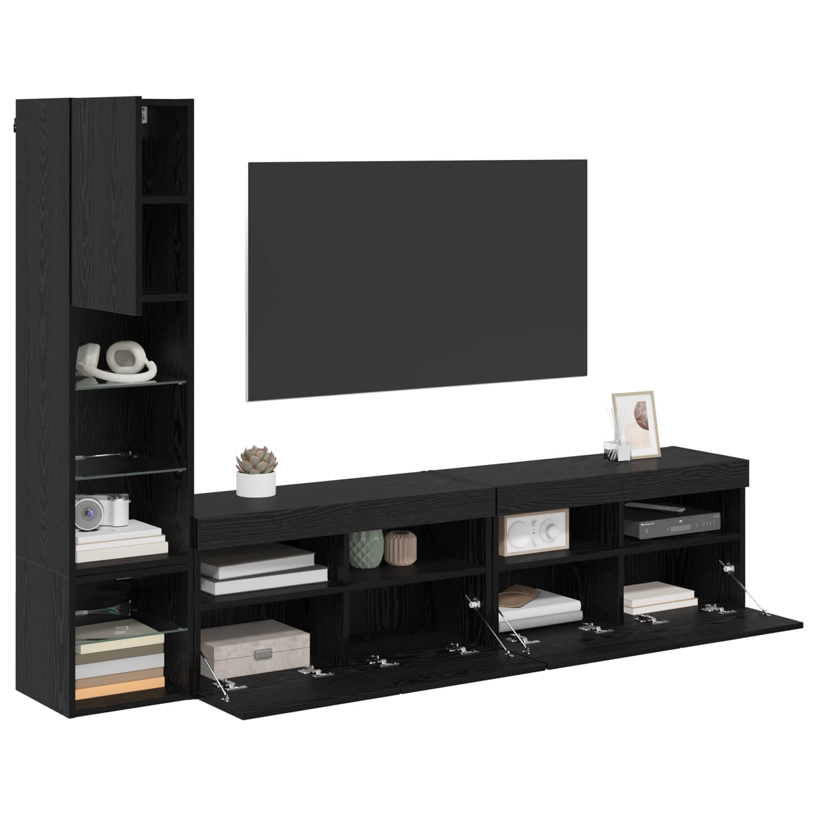 TV Wall Unit with LED 4 pcs Black Oak