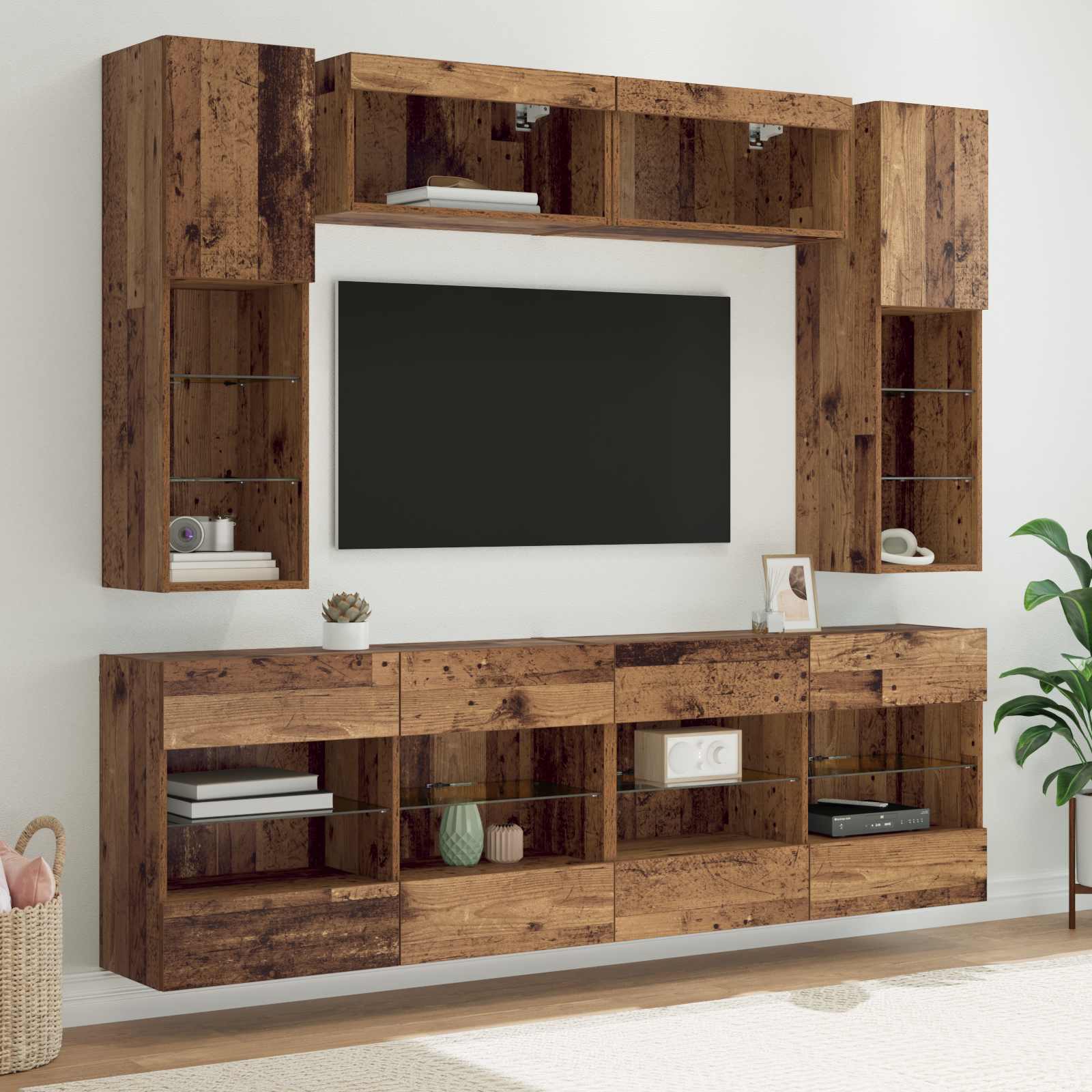 TV sienas skapju komplekts ar LED 6 gab. Vecs koks