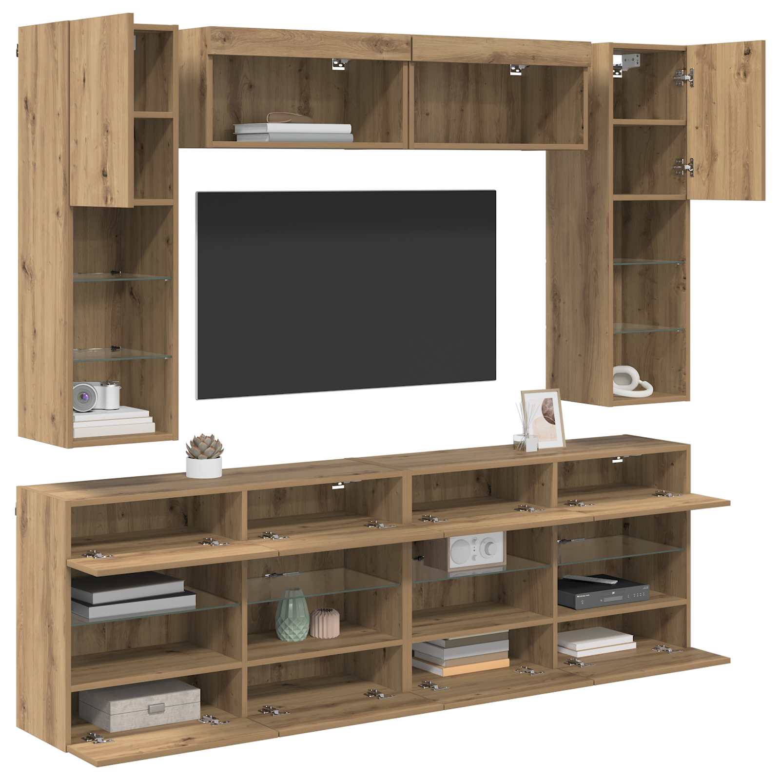 TV sieninio kabineto komplektas su LED 6 pcs Amatinė Ąžuolas