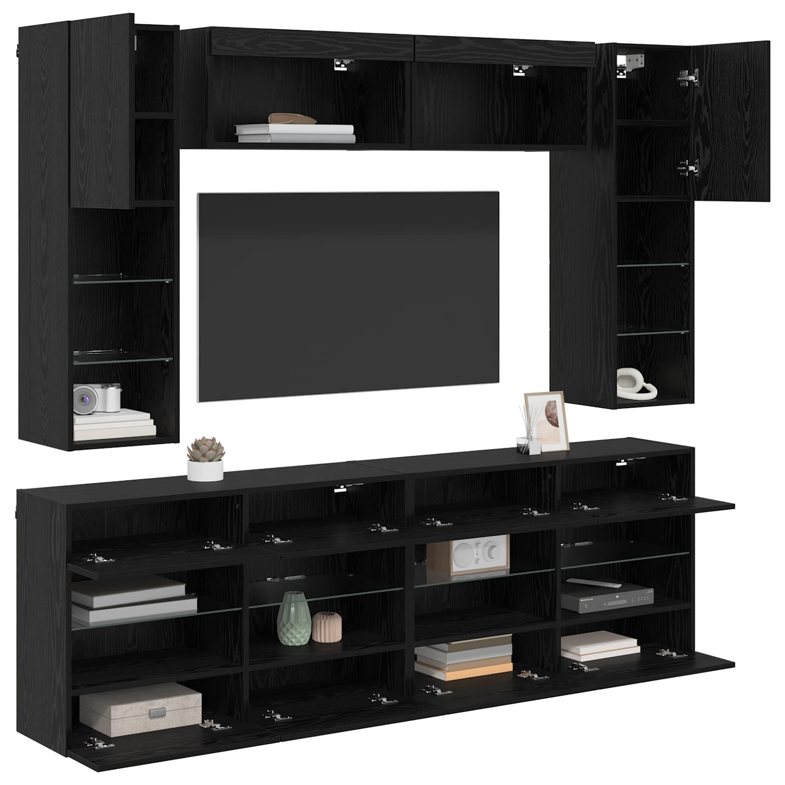 TV sieninio kabineto komplektas su LED 6 pcs Juodas Ąžuolas