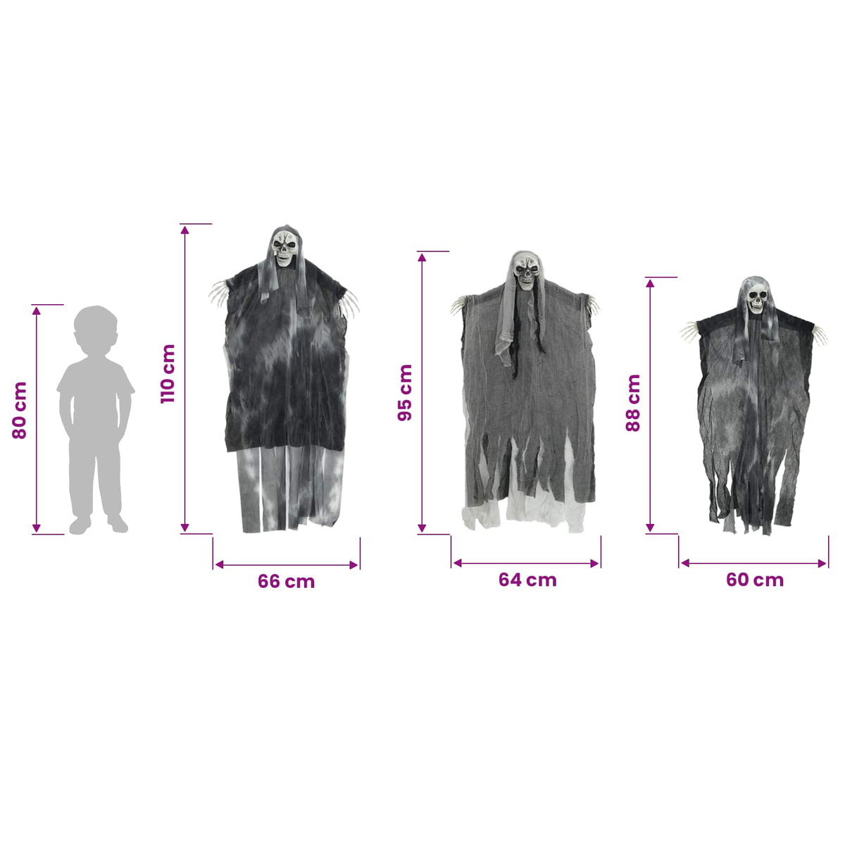 Helovino Kabančios Ghost 3 vnt. Juoda 66 x 110 cm Poliesteris