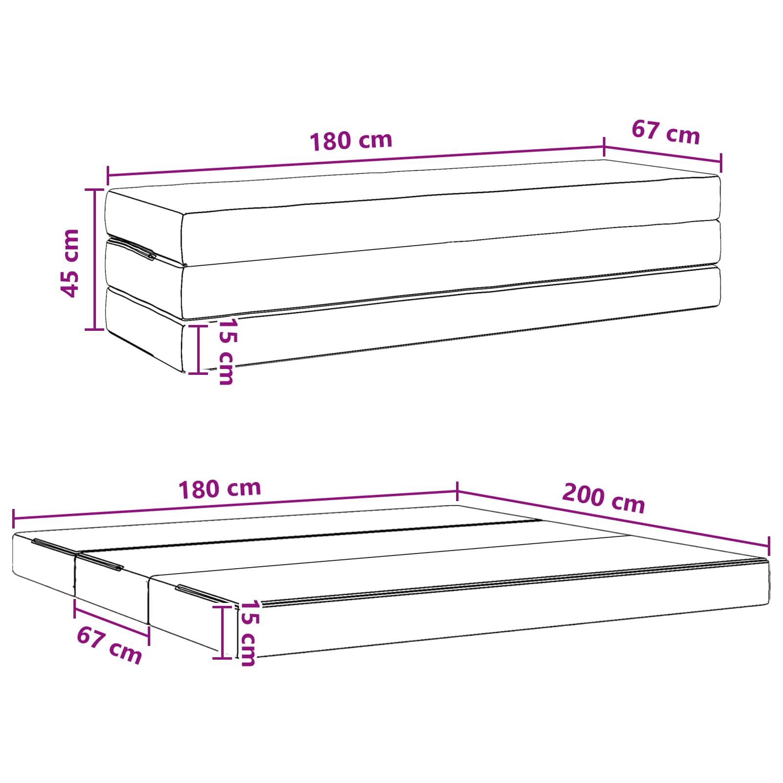 Sulankstomas Sofos Lova 180 x 67 x 45 cm Juoda